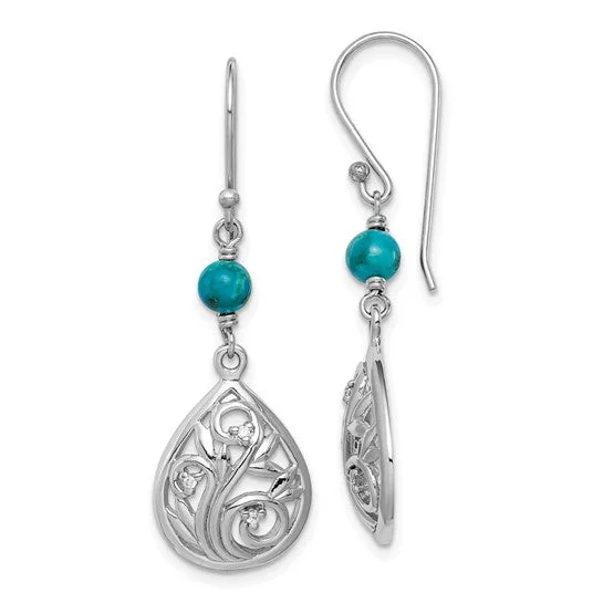 Flower Drop Earrings-Pearly Earrings-Sterling Silver Filigree CZ and Turquoise Teardrop Dangle Earrings