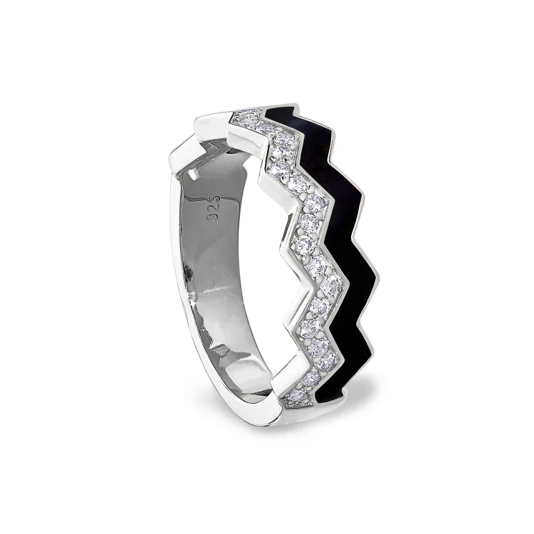 ShellRings-Platinum Finish Sterling Silver Micropave Ring with with Black Enamel and Simulated Diamondss