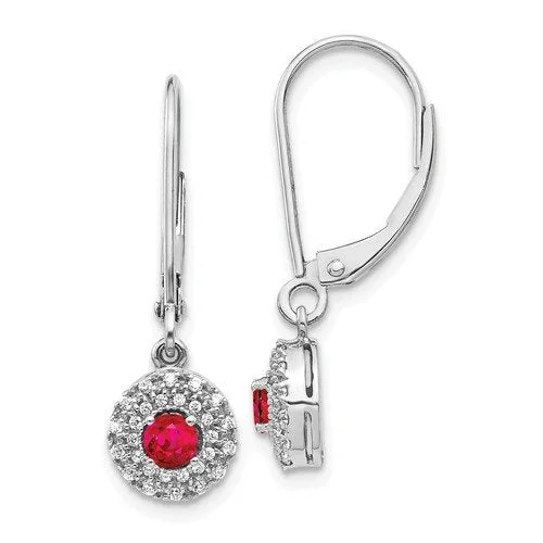 Wedding Stud Earrings-Intricate Earrings-14KT WHITE GOLD DIAMOND HALO RUBY LEVERBACK DANGLE EARRINGS