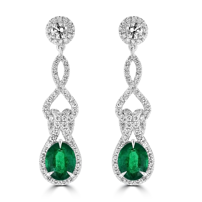 Jewel Earrings-Birthday Earrings-JULEVE 18KT 5.08 CTW EMERALD & 2.58 CTW DIAMOND LOOP DROP EARRINGS-SOLD