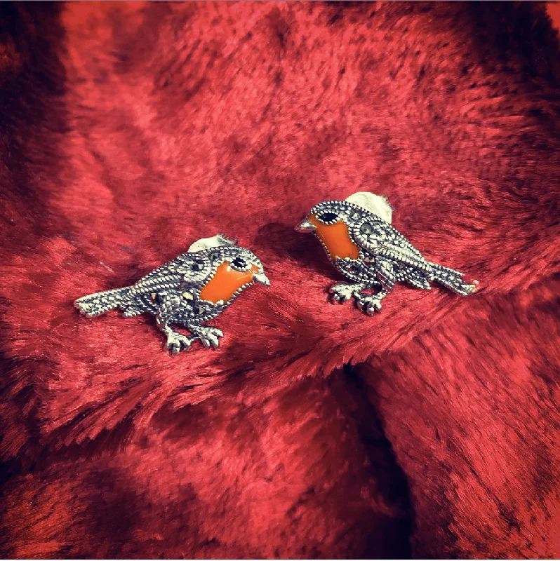 Budget Earrings-Elegant Earrings-Robin earrings silver Marcasite enamel