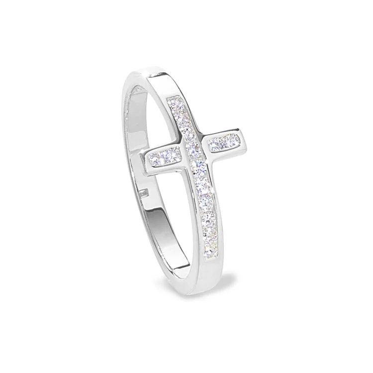 AquamarineRings-Platinum Finish Sterling Silver Micropave Cross Ring with Simulated Diamonds - size 9