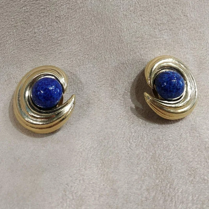 Metal Earrings-Fashion Earrings-Ciner Gold / Lapis blue vintage clip on earrings