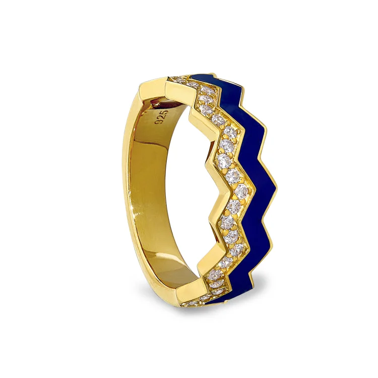 DiamondRings-Gold Vermeil Sterling Silver Micropave Ring with with Navy Enamel and Simulated Diamondss