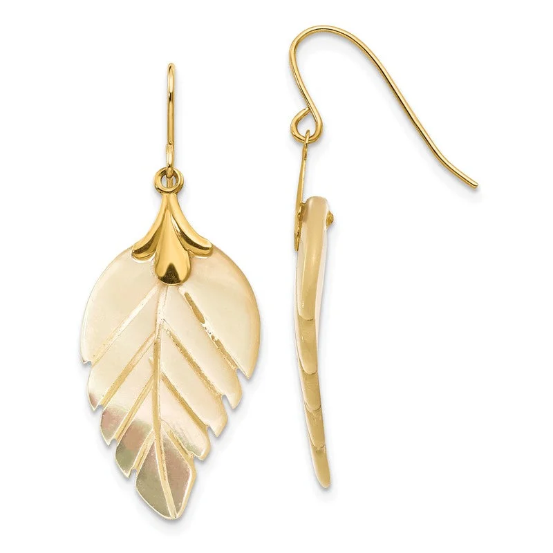 Silver Earrings for Brides-Long Drop Earrings-14k Gold Mother Of Pearl Leaf Dangle Earrings