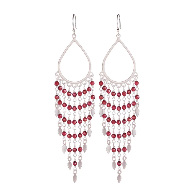 Mixed Metal Drop Earrings-Square Earrings-Sterling Silver Teardrop Garnet Fringe Earrings