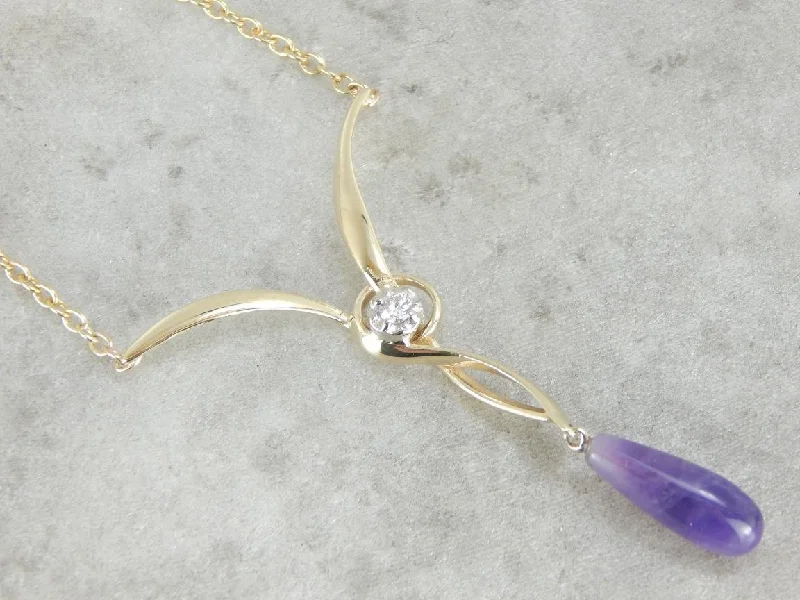 Handmade Gemstone Necklaces-Amethyst and Diamond Drop Necklace