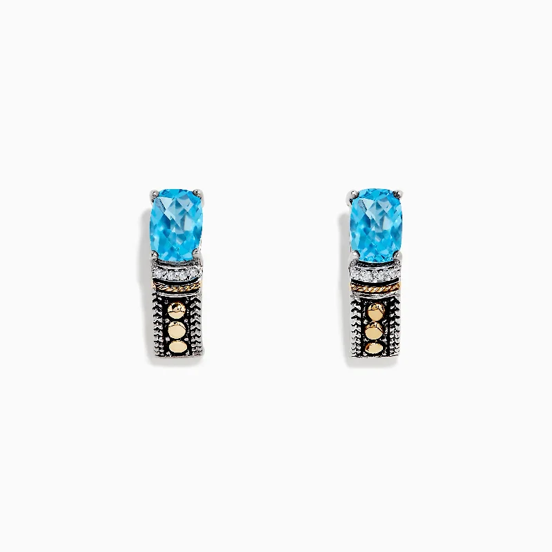 Summer Earrings-Double Dangle Earrings-925 Sterling Silver & 18K Gold Blue Topaz Earrings, 1.98 TCW