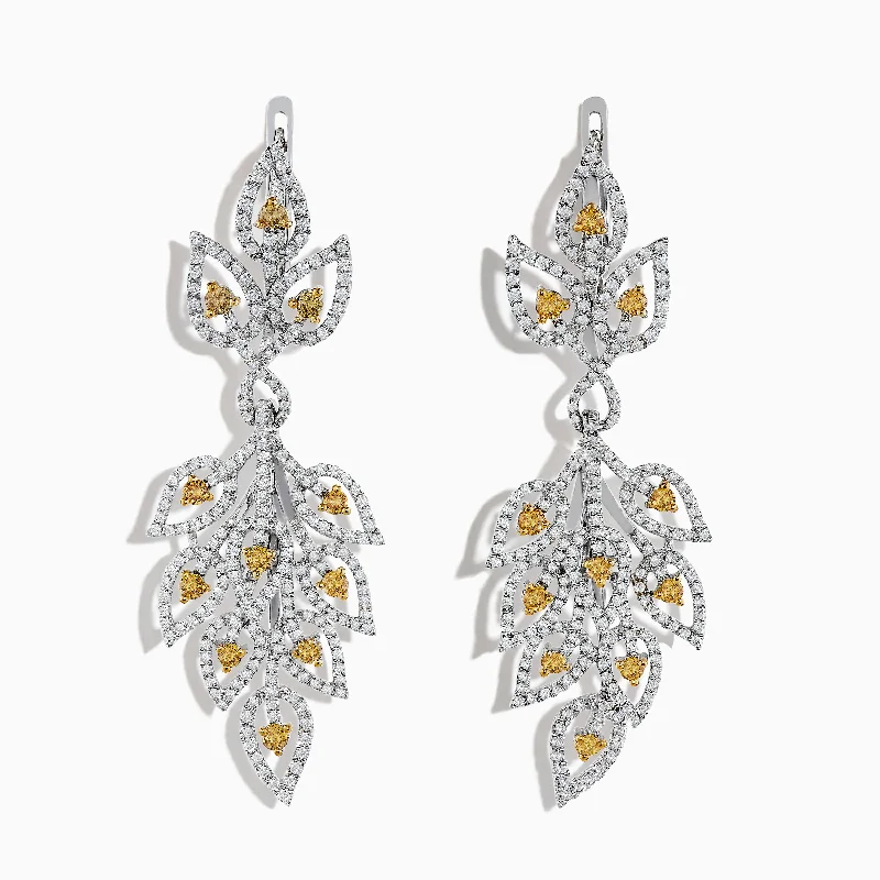 Birthday Earrings-Plain Earrings-18K White Gold White and Fancy Yellow Diamond Leaf Drop Earrings, 2.75 TCW