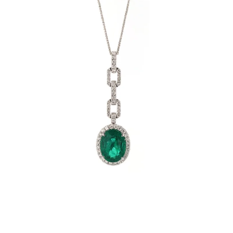 Statement Necklace with Gemstones-Emerald & Diamond Halo Drop Pendant Necklace