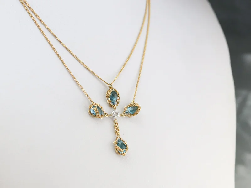 Elegant Choker Necklaces-Gold Blue Topaz and Diamond Cross Necklace