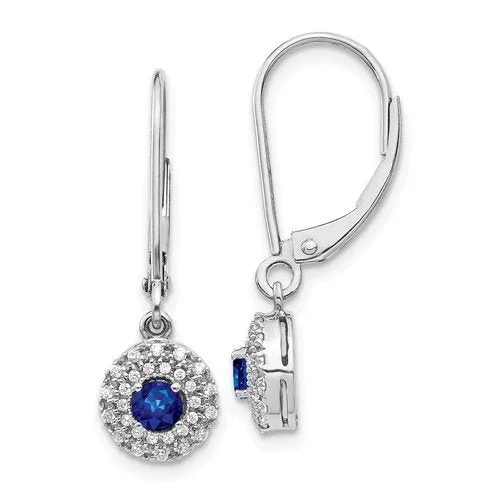 Wedding Earrings-Cute Drop Earrings-14KT WHITE GOLD .40 CTW SAPPHIRE & .20 CTW DIAMOND HALO LEVERBACK EARRINGS