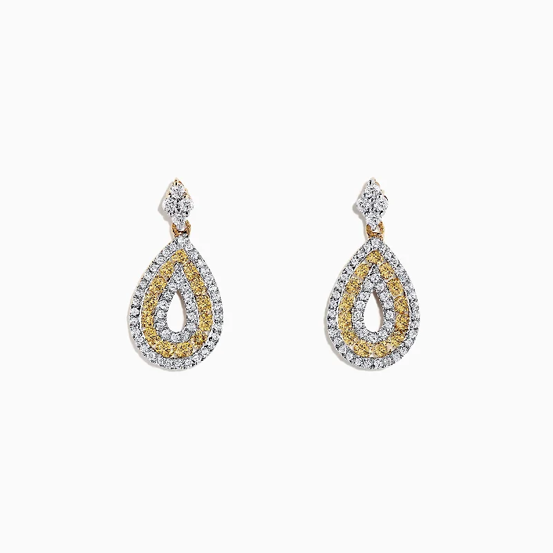 Trendy Earrings-Glitter Earrings-14K Yellow Gold Yellow and White Diamond Earrings, 1.25 TCW