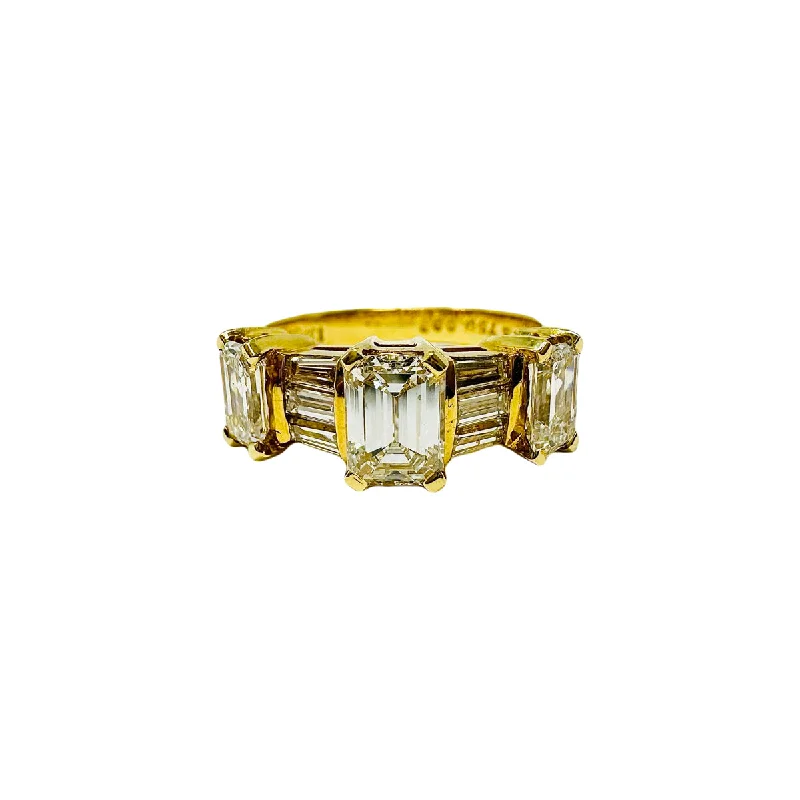 ContemporaryRings-NOVA 18K Gold 3 Stone Ring with Emerald Cut and Baguette Diamonds