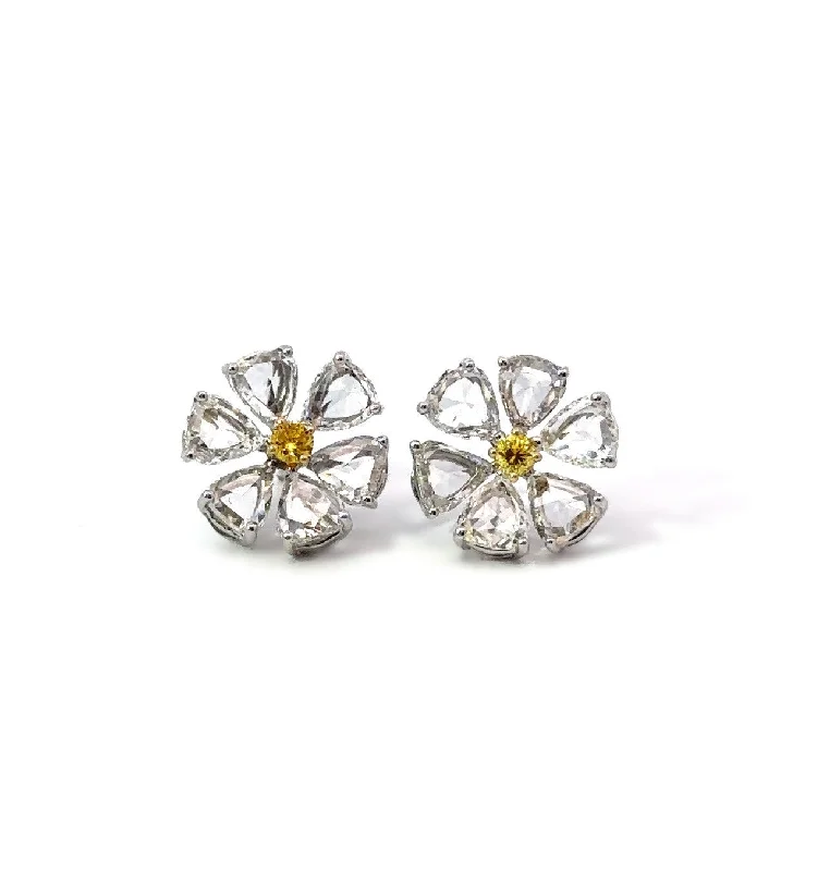 Drop Earrings for Evening Wear-Pearly Earrings-18KT FANCY YELLOW & PEAR SHAPE ROSE CUT DIAMOND DAISY FLOWER EARRINGS