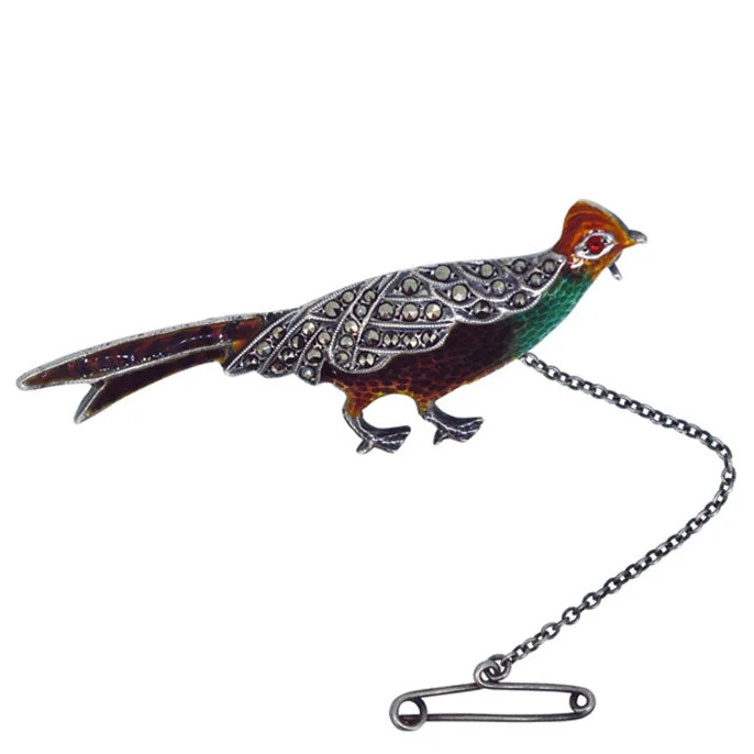 Unique fashion brooch-Silver Enamel & Marcasite Pheasant Brooch