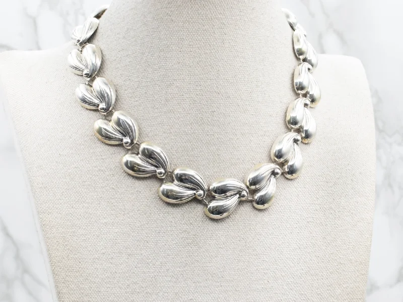 Luxury Silver Necklaces-Sterling Silver Smooth Double Leaf Link Choker Necklace