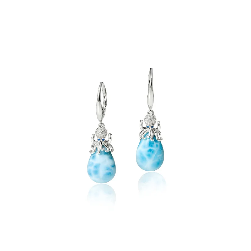 Neon Hoop Earrings-Zircon Earrings-Larimar Octopus Teardrop Leverback Earrings