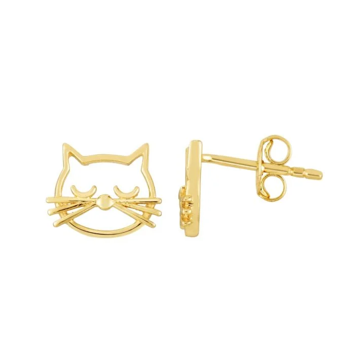 Custom Drop Earrings-Gold Earrings for Gifts-EMILIQUE 14KT YELLOW GOLD CAT FACE EARRINGS