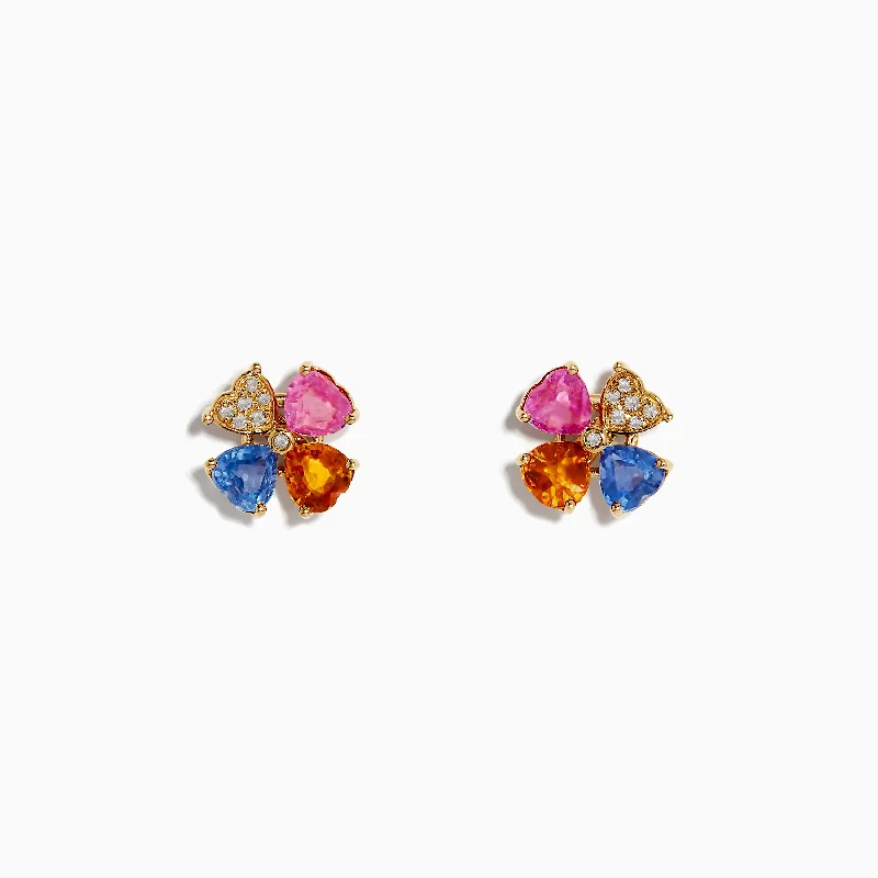 Stone Earrings-Pearl Earrings-14K Yellow Gold Multi Sapphire and Diamond Flower Earrings