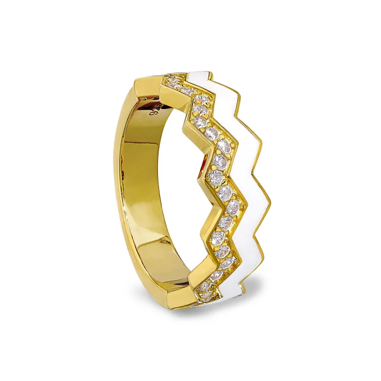 WeddingRings-Gold Vermeil Sterling Silver Micropave Ring with with White Enamel and Simulated Diamondss