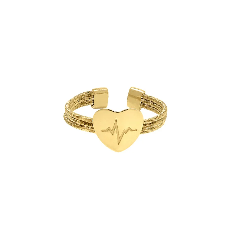 GarnetRings-Gold Finish Sterling Silver Three Cable Cuff Ring with a Polished Heart with a Heartbeat Design.