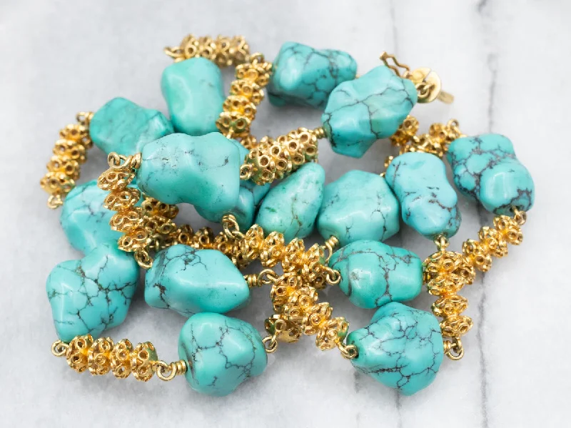 Chunky Necklaces for Fashion Lovers-Stunning 18-Karat Gold Turquoise Nugget Beaded Necklace