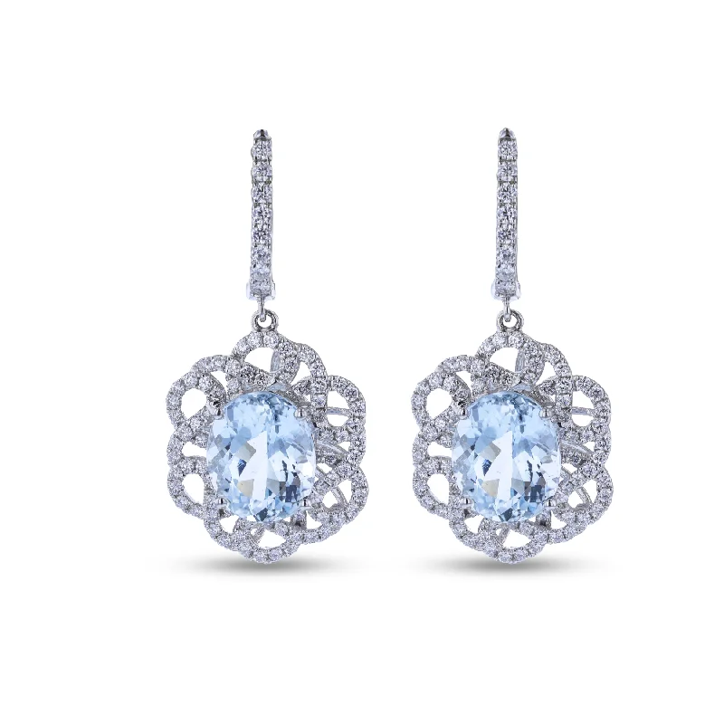 Round Earrings-Dainty Earrings-14KT WHITE GOLD 6.78CTW AQUAMARINE & 1.23CTW DIAMOND DROP EARRINGS