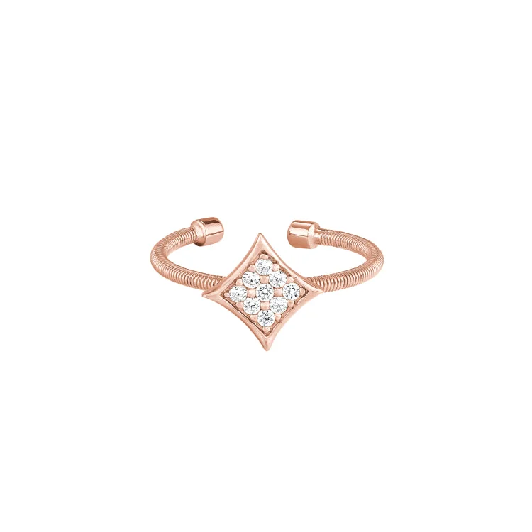 BirthdayRings-Rose Gold Finish Sterling Silver Cable Cuff Diamond Shaped Ring with Simulated Diamonds