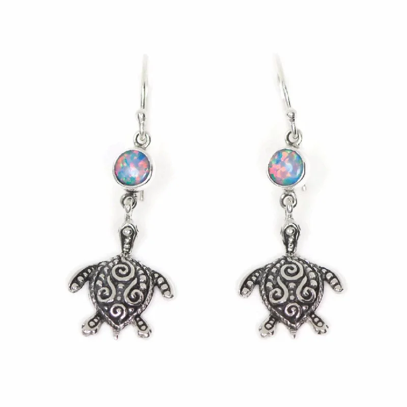 Drop Earrings for Evening-Lightweight Drop Earrings-Sterling Silver Filigree Turtle and Opal Dangle Earrings