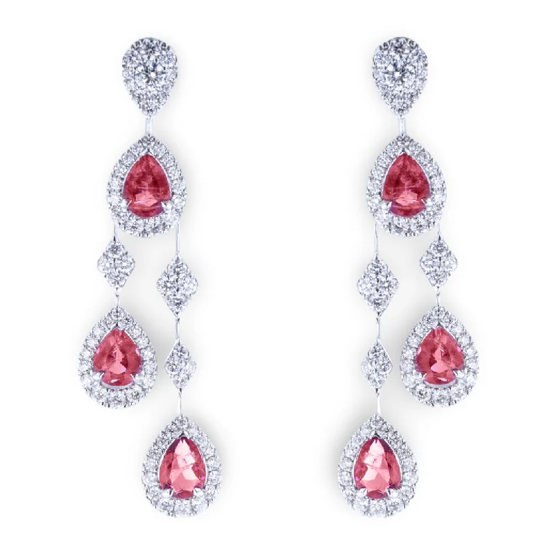 Color Changing Earrings-Hoop Earrings-JULEVE 18KT WHITE GOLD 0.61CTW RED EMERALD & 0.65CTW DIAMOND DROP EARRINGS