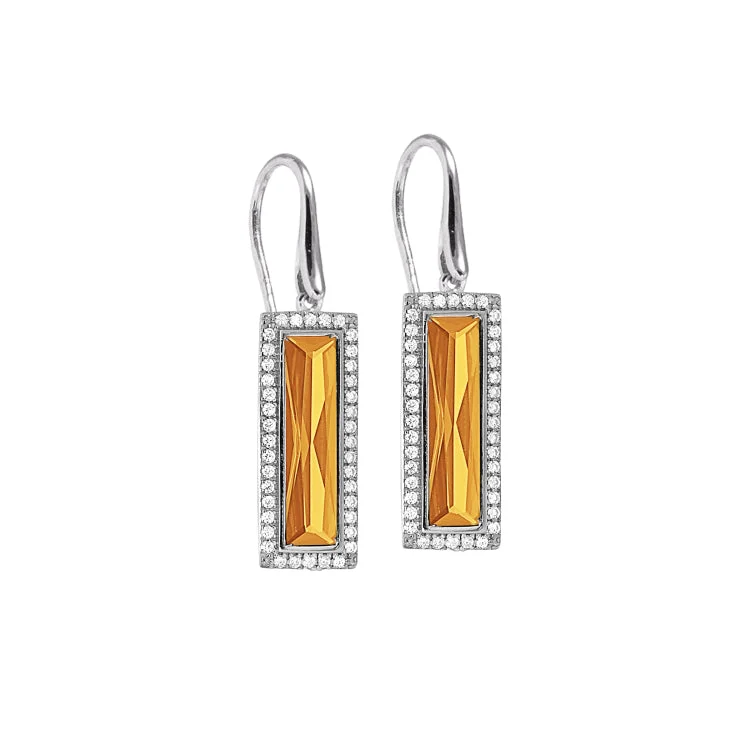 Earrings for Weddings-Marquise Earrings-Rhodium Finish Sterling Silver Earrings with Rectangular Simulated Citrine Stones and Simulated Diamonds