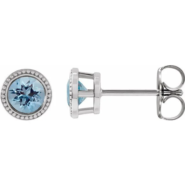 Intricate Earrings-Handcrafted Earrings-14K White Gold 3 mm Round Aquamarine Beaded Bezel-Set Earrings