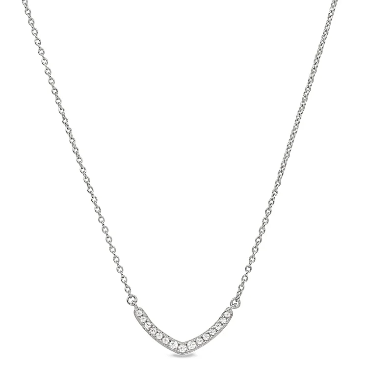 Choker Necklaces for Women-Platinum Finish Sterling Silver Micropave V Necklace with Simulated Diamonds on 16"-18" Adjustable Chain