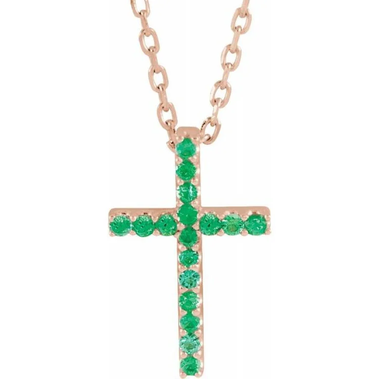 Gold Necklaces with Pearls-14K Rose Natural Emerald Petite Cross 16" Necklace