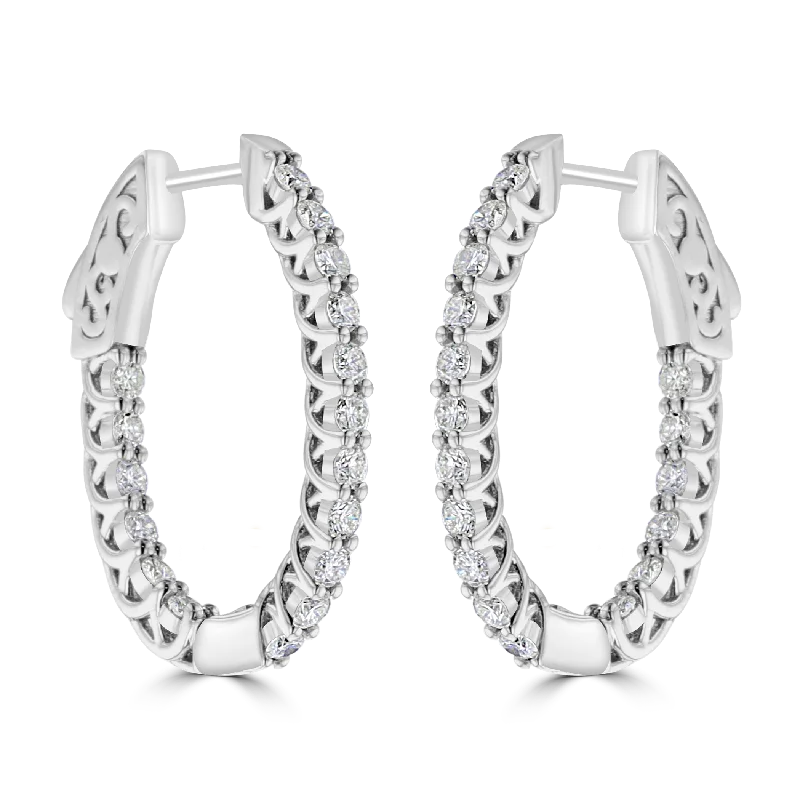 Bridal Drop Earrings-Gold Stud Earrings for Women-14KT WHITE GOLD 0.95 CTW DIAMOND TRELLIS HOOP EARRINGS