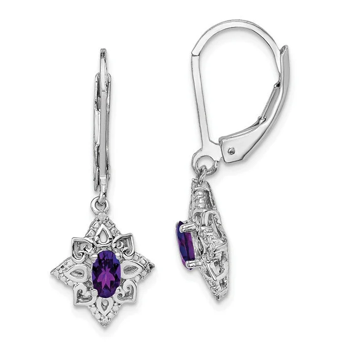 Trendy Drop Earrings-Silver Hoop Earrings-Sterling Silver Oval Amethyst & Diamond Leverback Earrings